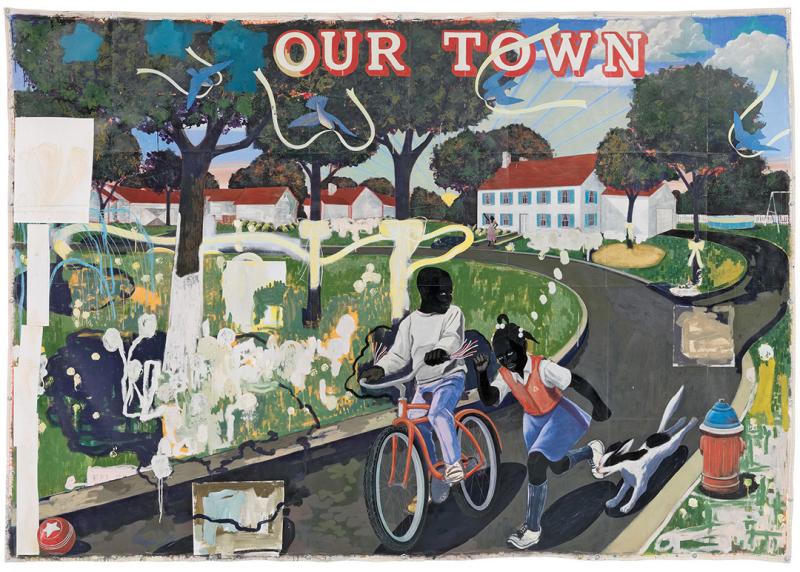 Our Town by Kerry James Marshall, two children riding and running down a suburban street under an Our Town banner
